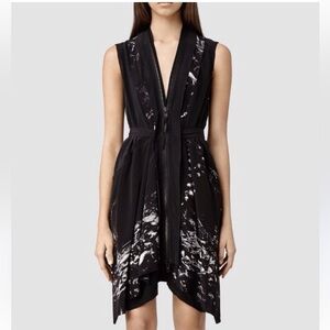 All Saints Lewis Flora Mortis Silk Black and White Asymmetrical Dress. Size 2
